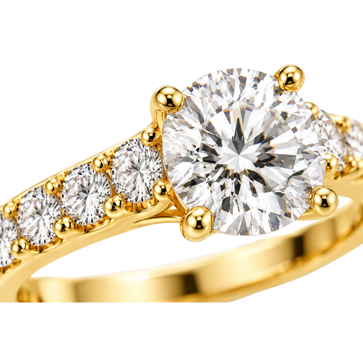 Round diamond engagement ring - 14K yellow gold - close-up diamond detail view